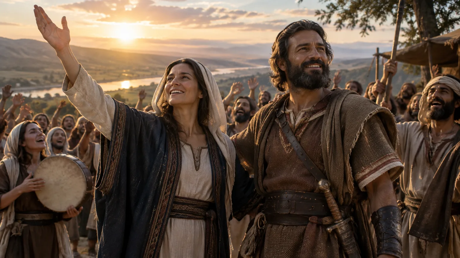 Débora e Baraque celebrando a vitória de Israel com o povo após a batalha