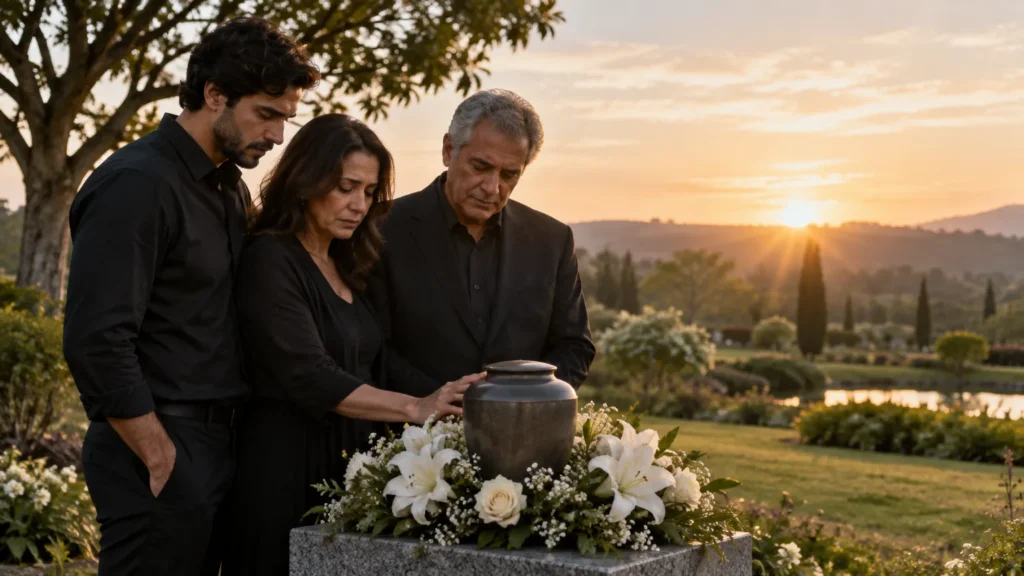 Família cristã em despedida respeitosa diante de uma paisagem ao amanhecer