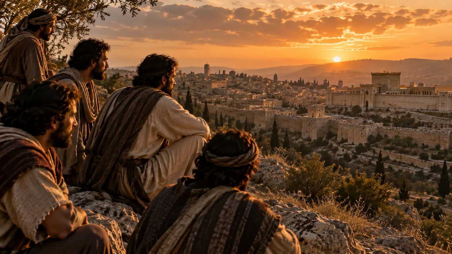 Discípulos de Jesus observando Jerusalém ao entardecer com atitude de vigilância