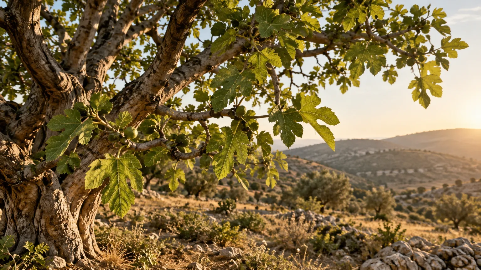 Parábola da Figueira — ramos com folhas novas sob a luz da manhã na Judeia