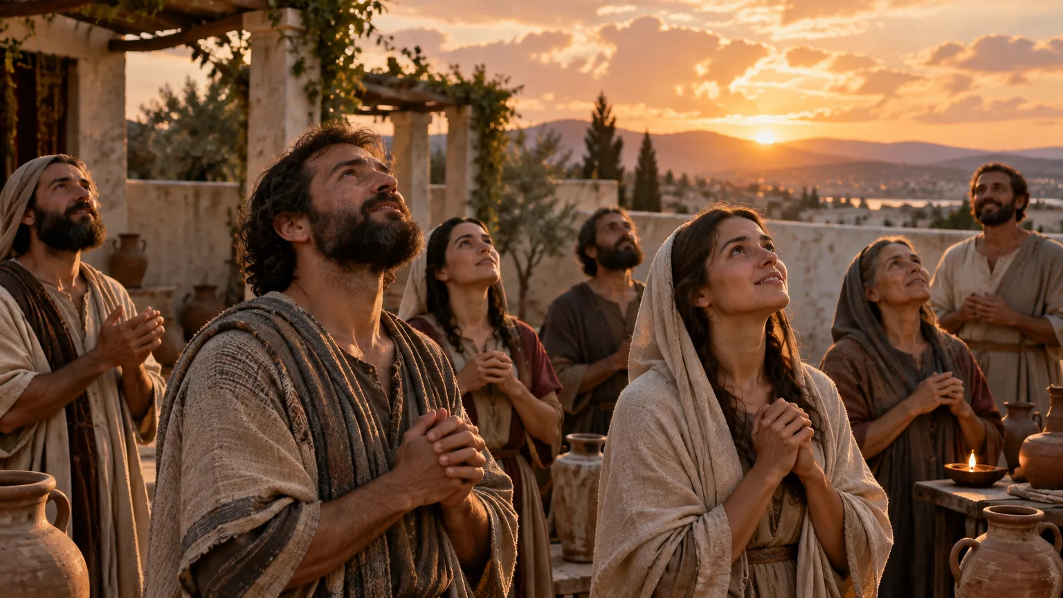 Cristãos do primeiro século reunidos ao entardecer em oração, representando a esperança expressa por maranata