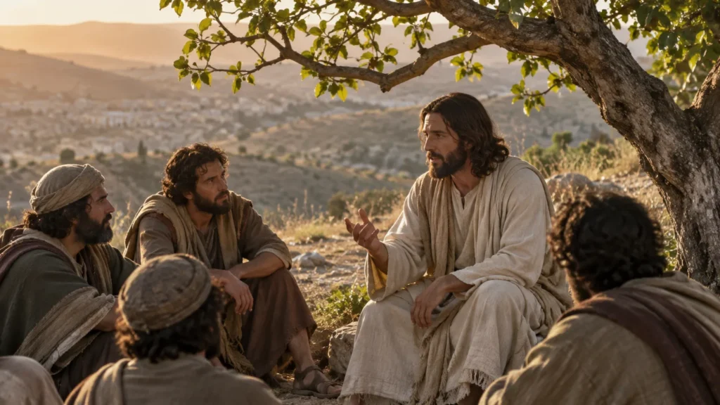Jesus ensinando discípulos perto de uma figueira com folhas novas na Judeia