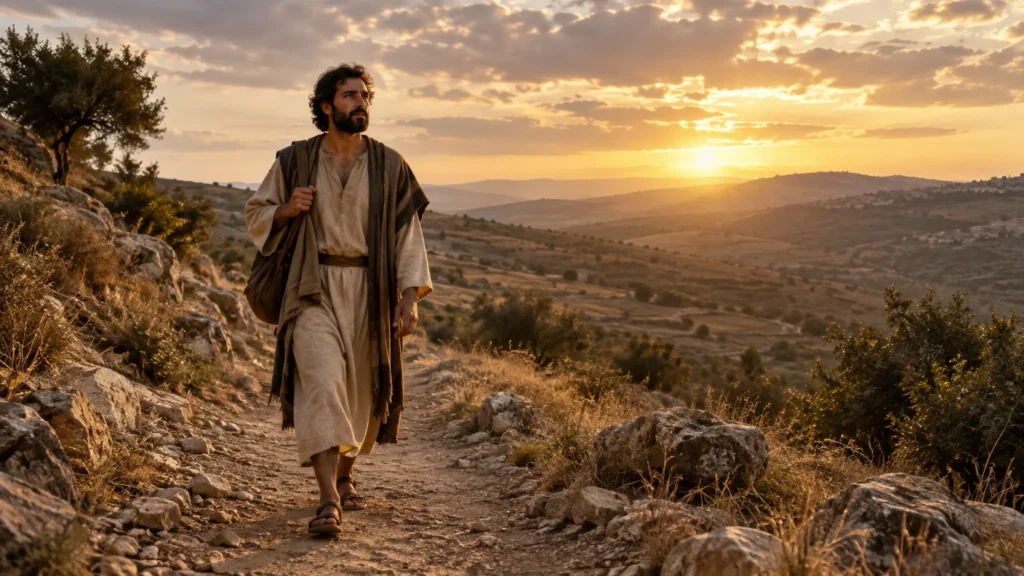 Homem viajante caminhando por uma estrada antiga ao amanhecer, representando a confiança em Deus