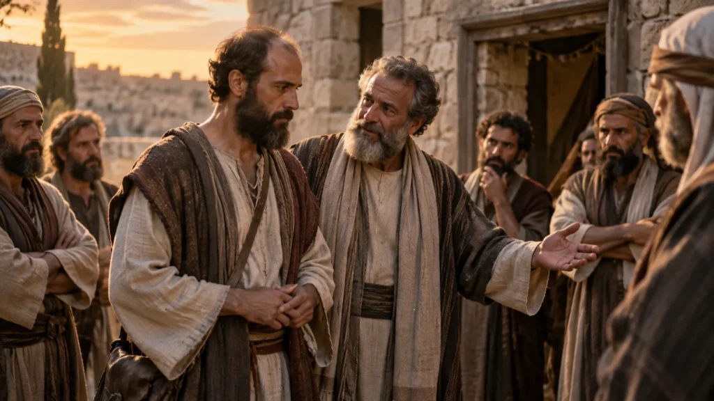 Barnabé conduzindo Paulo diante dos apóstolos em Jerusalém