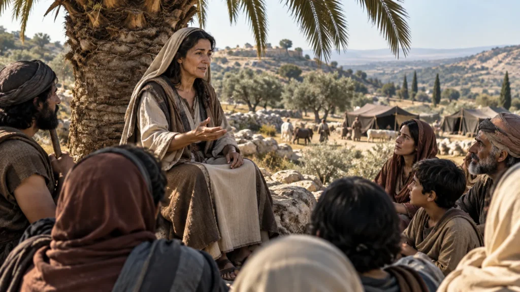 Débora sentada sob uma palmeira aconselhando israelitas na região montanhosa de Efraim
