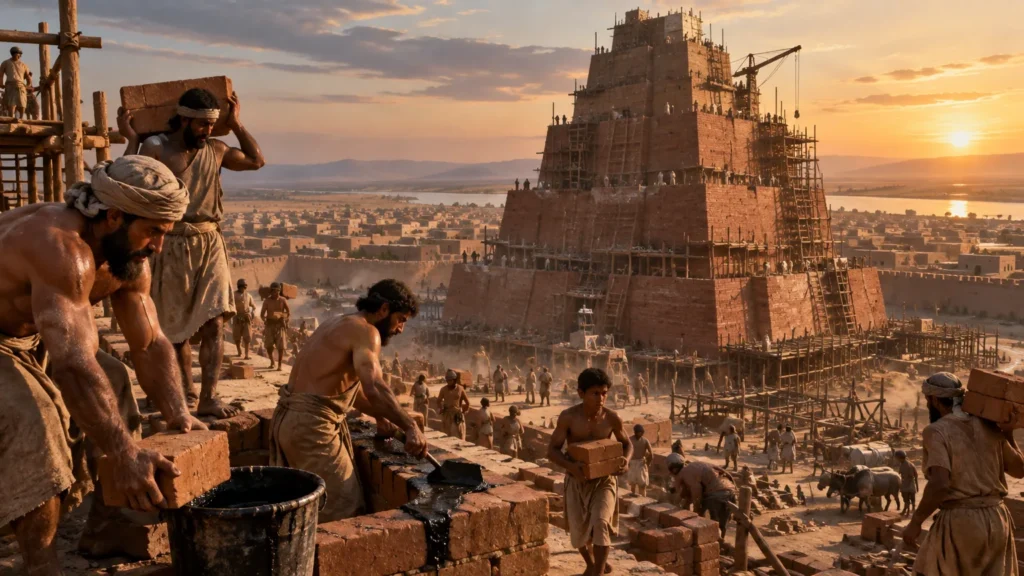 Multidão construindo a Torre de Babel com tijolos em uma planície de Sinar
