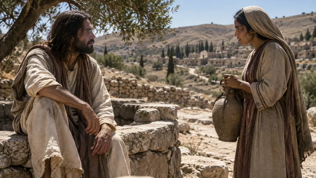 Jesus sentado junto ao poço de Jacó conversando com a mulher samaritana em Samaria