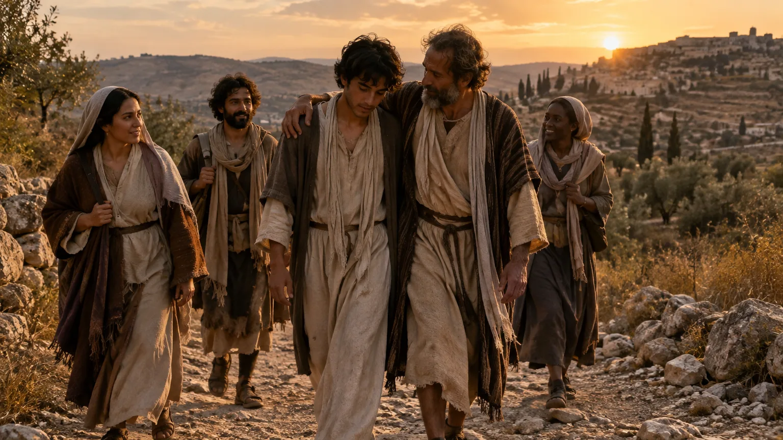 Pequeno grupo de cristãos do primeiro século caminhando junto por uma estrada ao entardecer